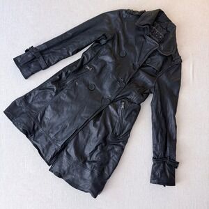 Marc New York Andrew Marc Black Leather Trench Coat Double Breasted XS Jacket